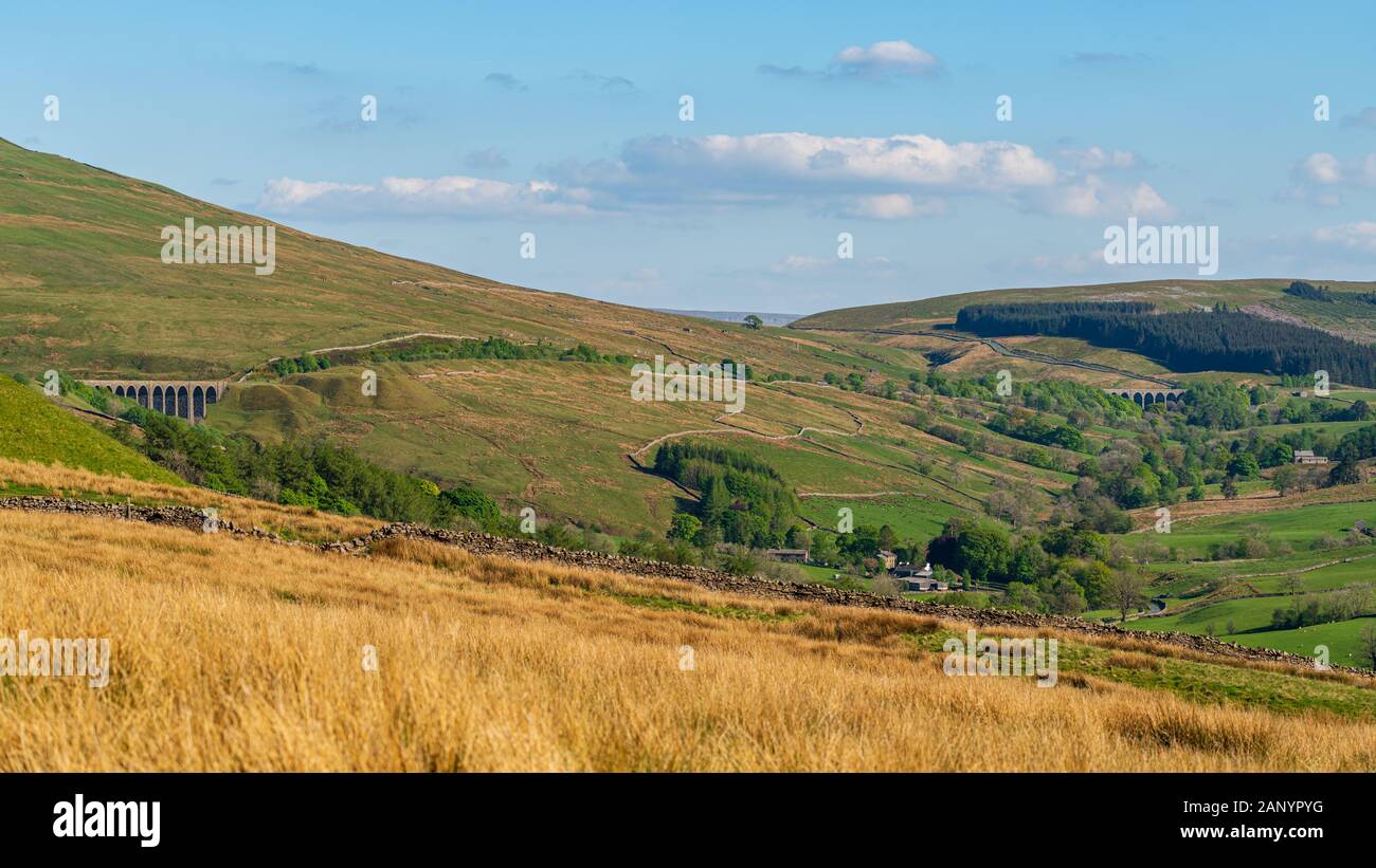 Yorkshire Dales landscape with the Arten Gill Viaduct and the Dent Head Viaduct, near Cowgill