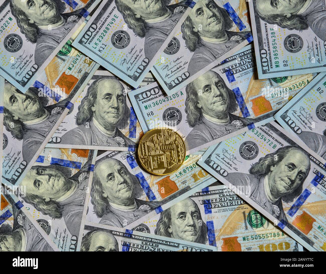 Golden bitcoin on USD 100 billnote dollar background. Finance concept Stock  Photo - Alamy