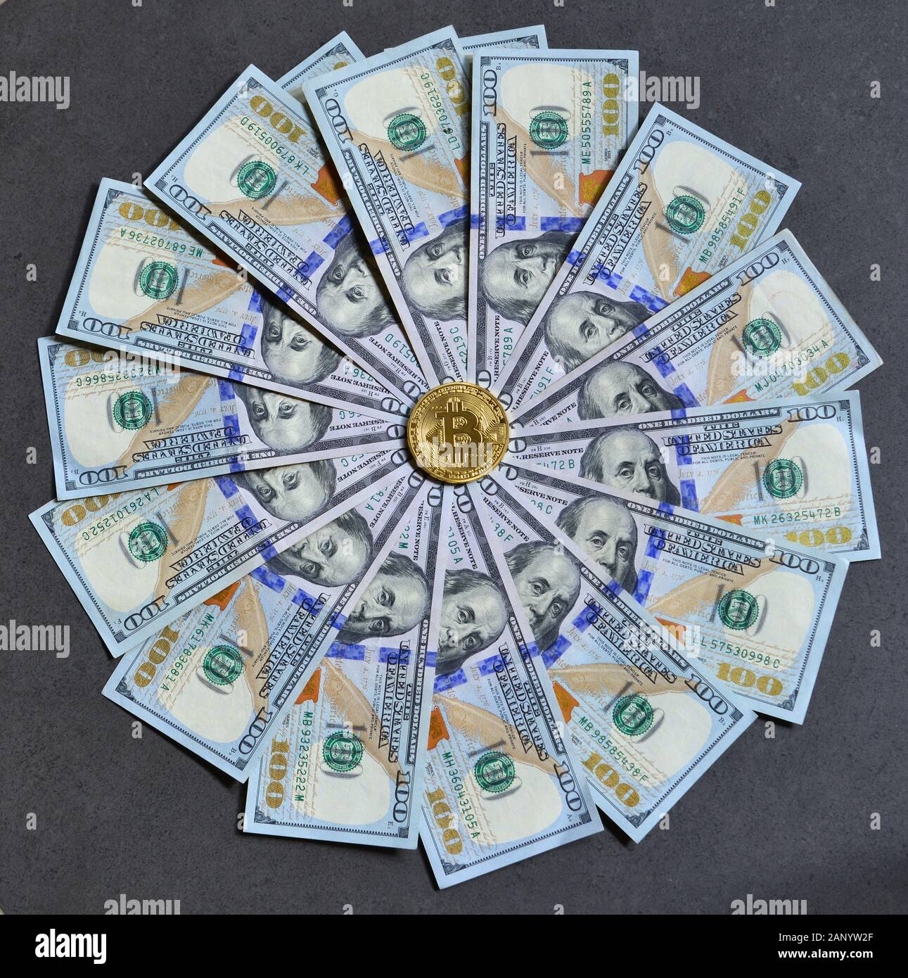 Golden Bitcoin On Usd 100 Billnote Dollar Background Finance Concept Stock Photo Alamy