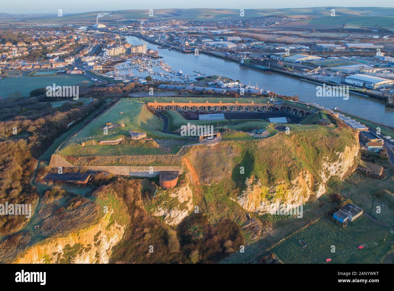 aerial view of newhaven harbour fort and town on the sussex coast Stock Photo