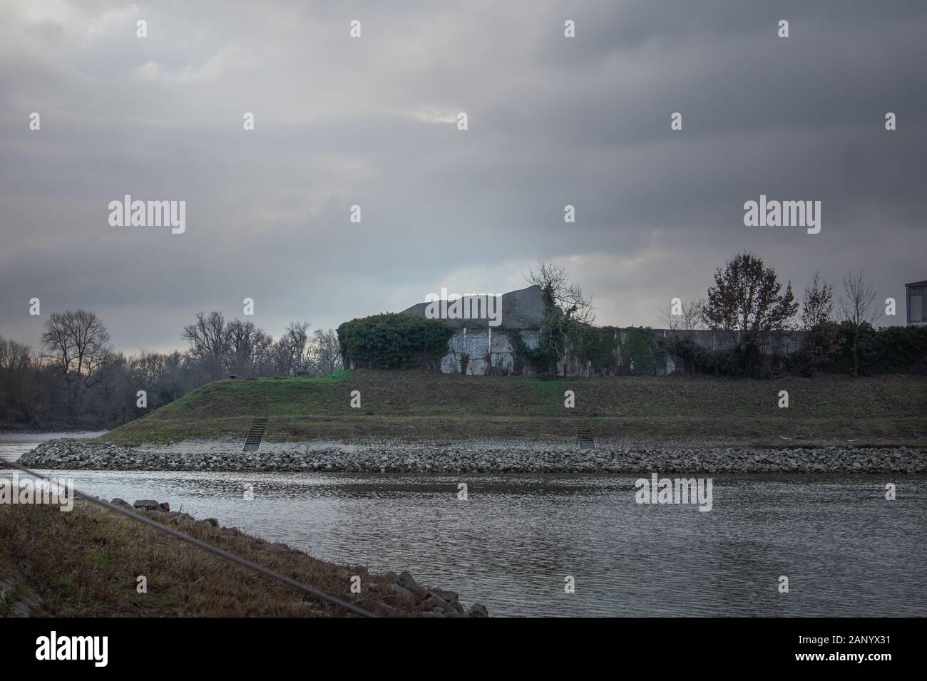 landscape at river banks on a cloudy day Stock Photo