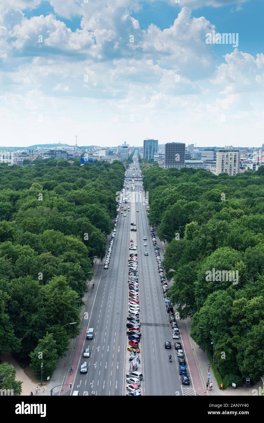 BERLIN, GERMANY - MAY 25, 2018: An aerial view of the Tiergarten park in Berlin, Germany, with the skyline of the Charlottenburg district in the backg Stock Photo