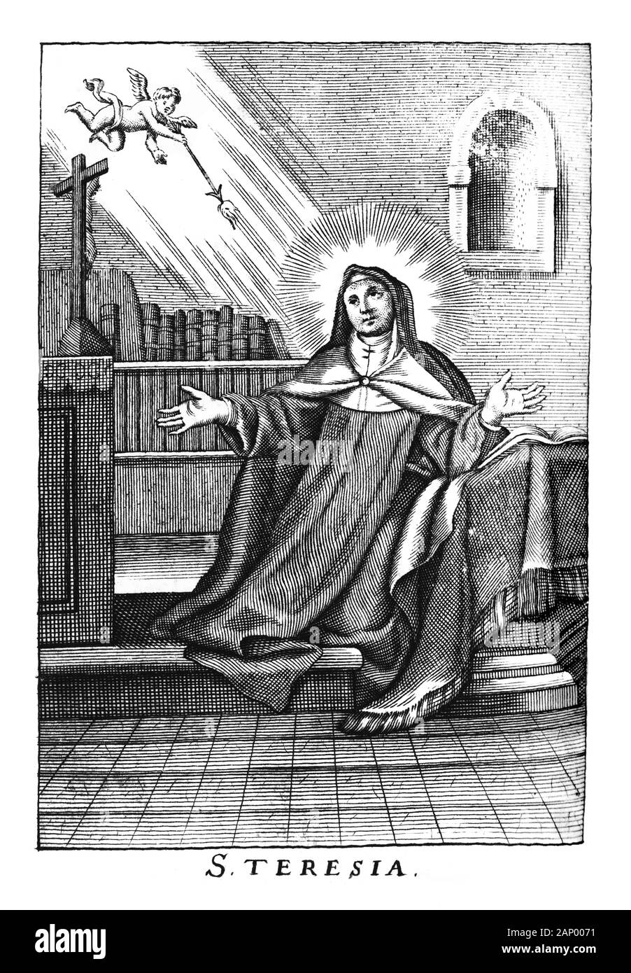 Antique vintage religious allegorical engraving or drawing of nun or Christian holy woman saint Teresa.Illustration from Book Die Betrubte Und noch Ihrem Beliebten..., Austrian Empire,1716. Artist is unknown. Stock Photo