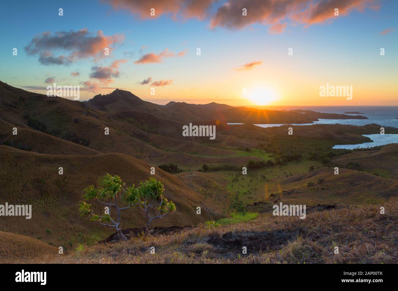View of Nacula Island at dawn, Yasawa Islands, Fiji Stock Photo