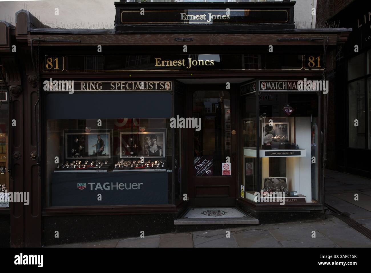 Earnest Jones jewellers store front at 81 High Street in Guildford, Surrey, UK, January 2020 Stock Photo