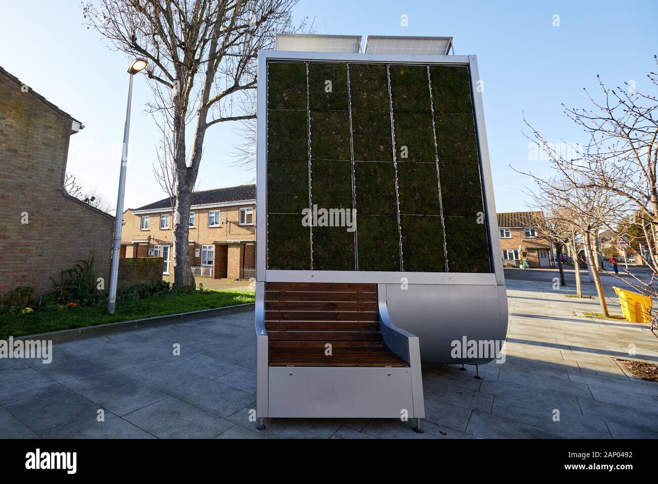 Leytonstone, U.K. - Jan  19, 2020: A CityTree outdoor air cleaning system, installed along Leytonstone High Road to improve air quality iin the London Borough of Waltham Forest. Stock Photo