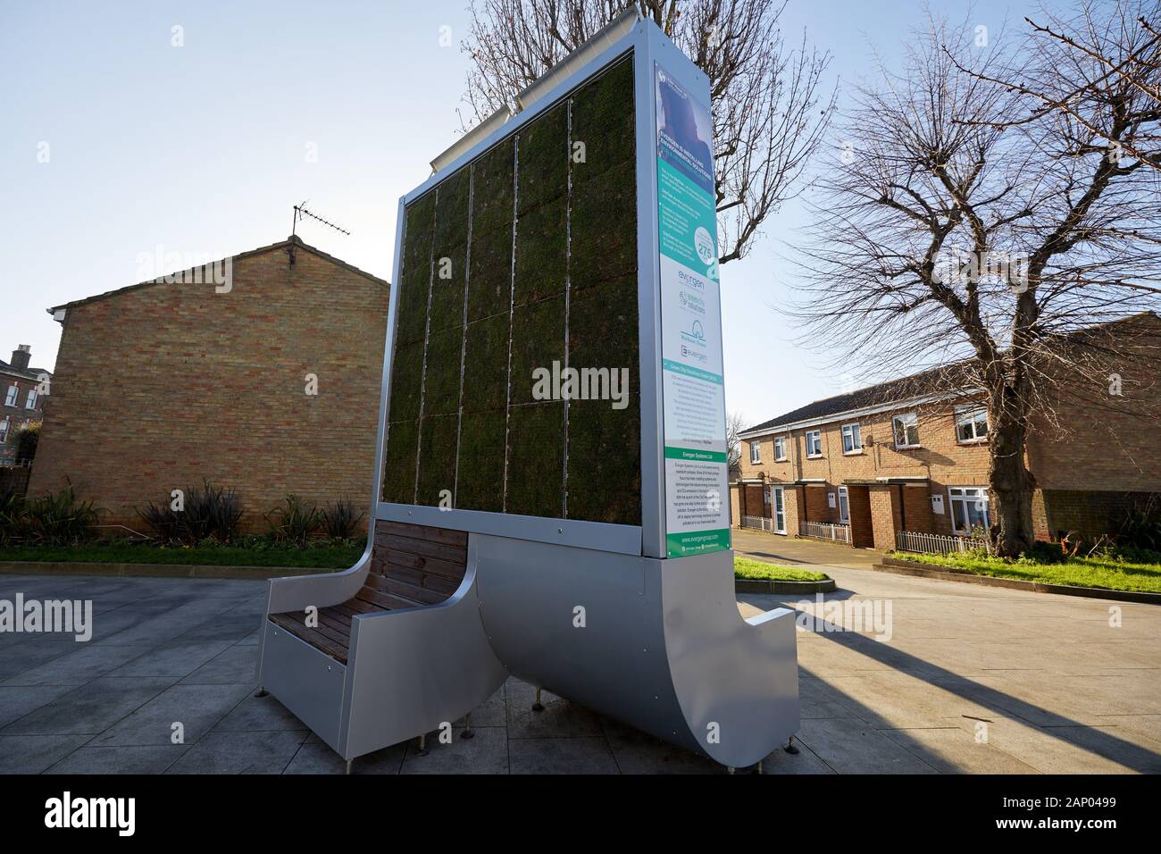 Leytonstone, U.K. - Jan  19, 2020: A CityTree outdoor air cleaning system, installed along Leytonstone High Road to improve air quality iin the London Borough of Waltham Forest. Stock Photo