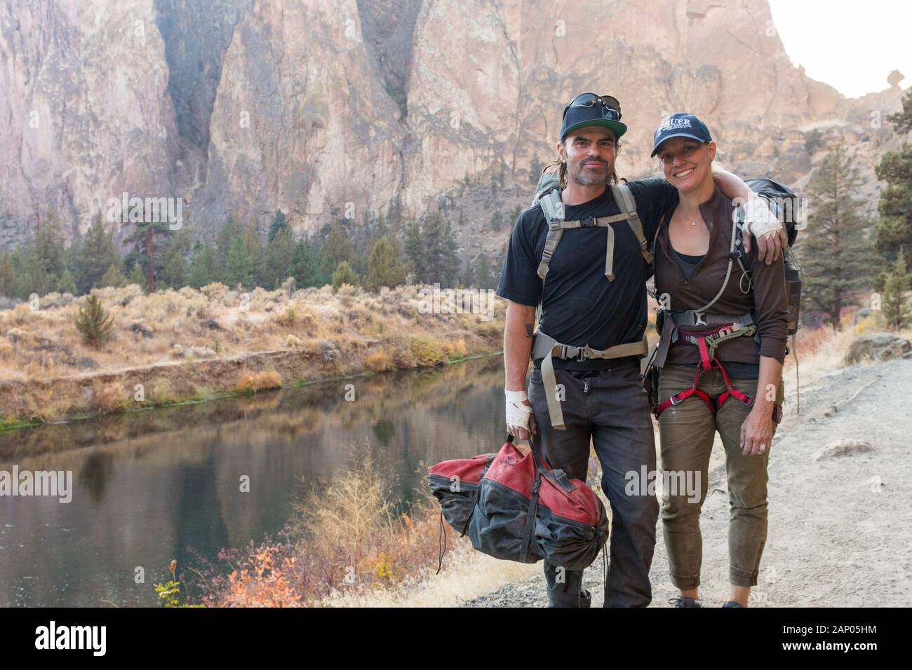 Climbers after a session in one of the rock walls of Smith Rock State Park, Oregon, USA. Stock Photo