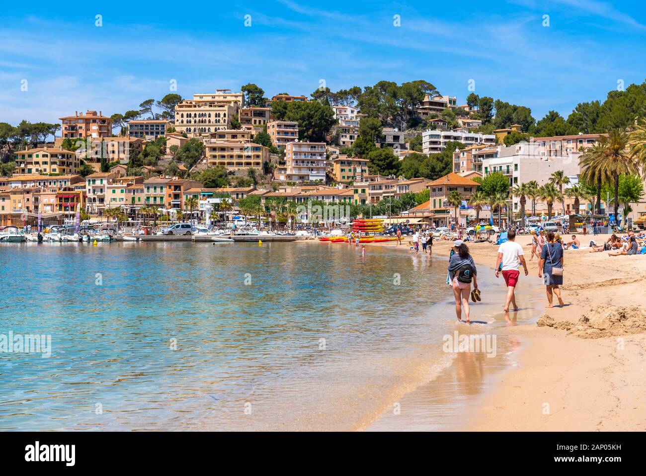 MALLORCA, SPAIN - May 7, 2019: Beach in Port de Soller, Majorca seaside resort, a popular tourist destination. Baleares, Spain Stock Photo