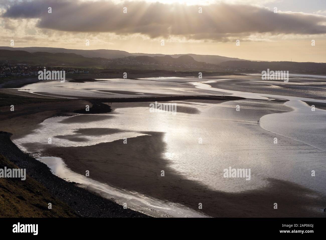 West Shore and Conwy sands at low tide seen from the Great Orme. Llandudno, Conwy, north Wales, UK, Britain Stock Photo