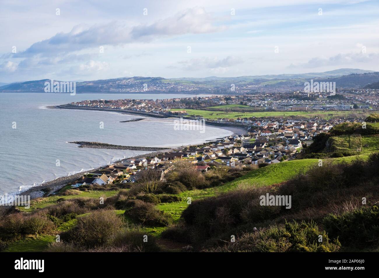 View down from Little Ormes Head to Bae Penrhyn Bay and Rhos-on-Sea. Llandudno, Conwy, north Wales, UK, Britain Stock Photo