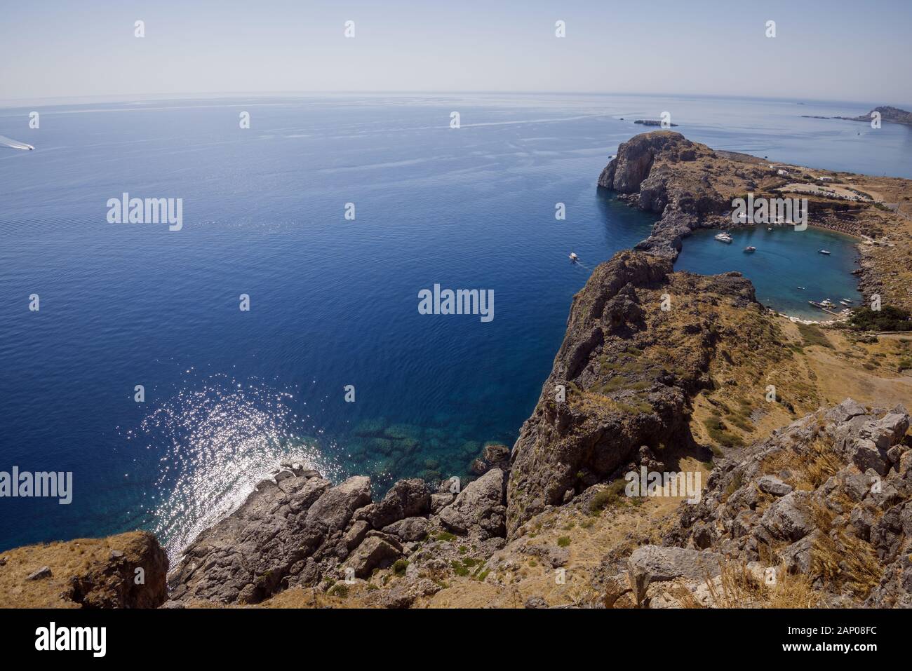 St Paul's Bay, overview of from the Acropolis of Lindos, Rhodes, Greece ...