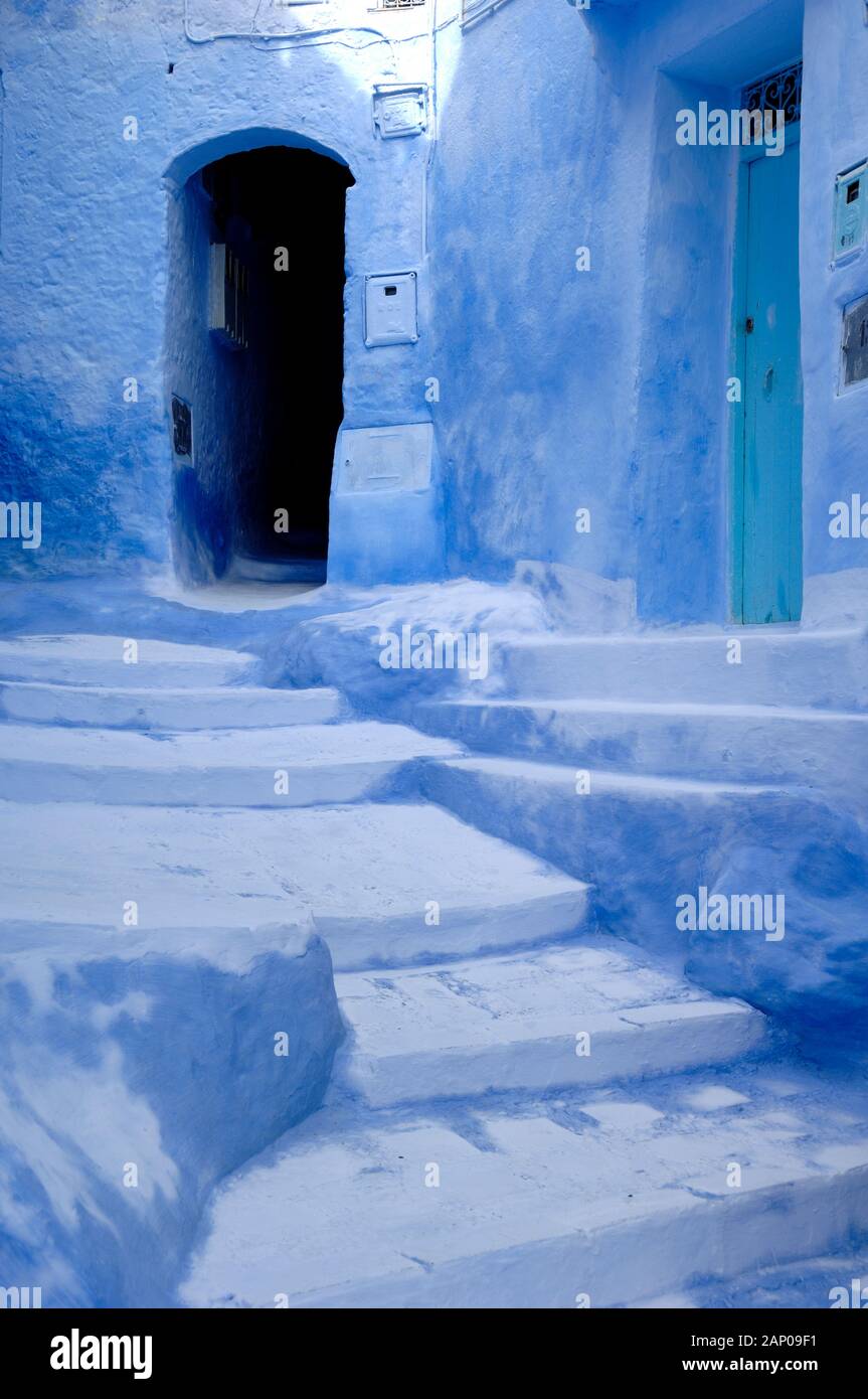 Traditional Blue-Painted Architecture, Blue Doors & Steps in Chefchaouen or Chaouen Morocco Stock Photo