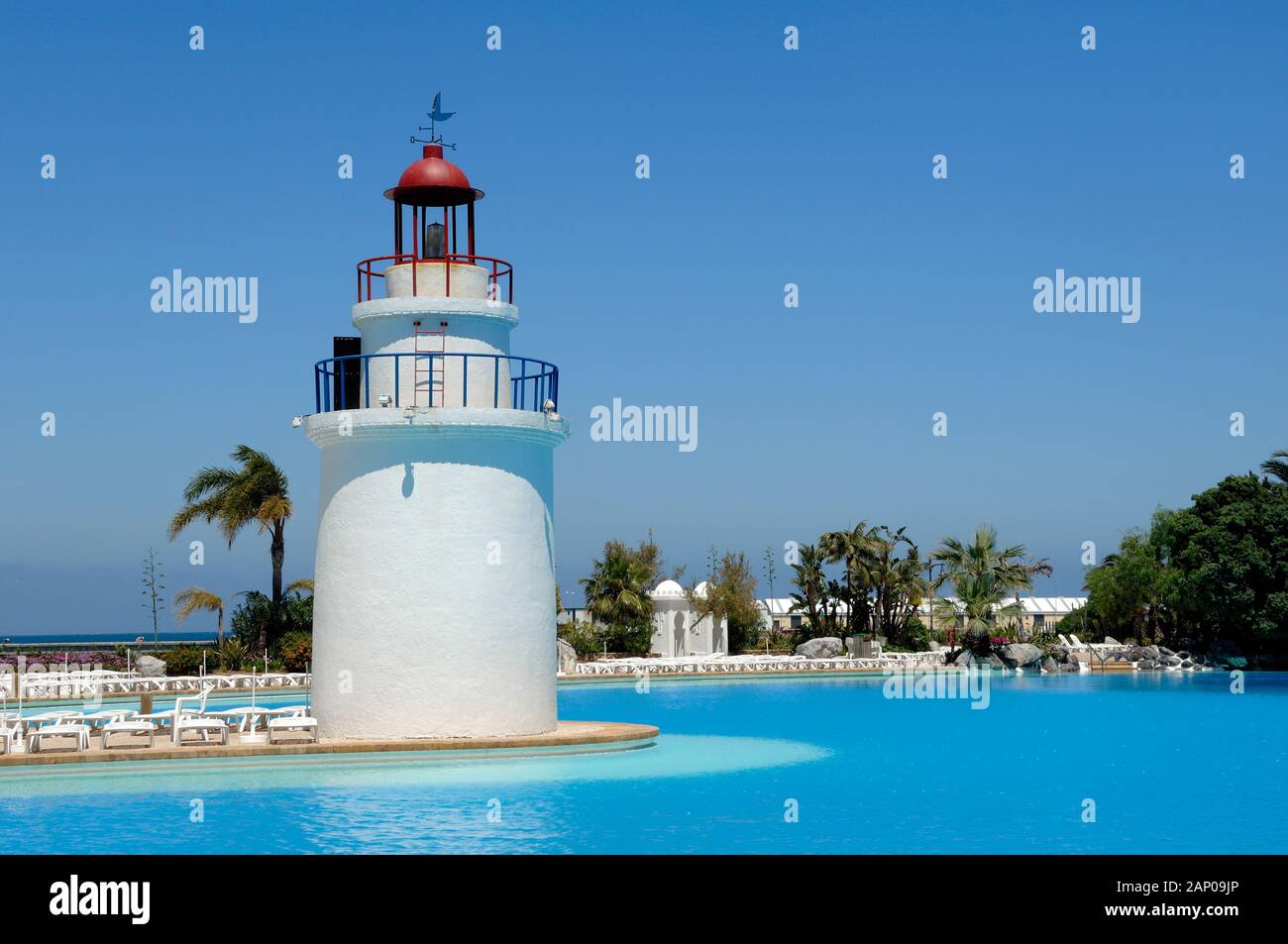 Fake Lighthouse & Outdoor Public Swimming Pool at the Maritime Park Ceuta Spain Stock Photo