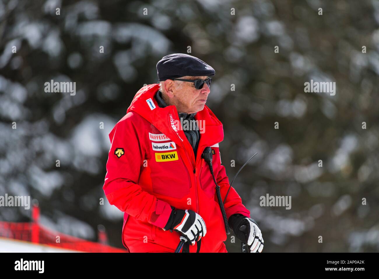 Living ski trainer legend Karl Frehsner, Wengen, Bernese Oberland, Switzerland Stock Photo