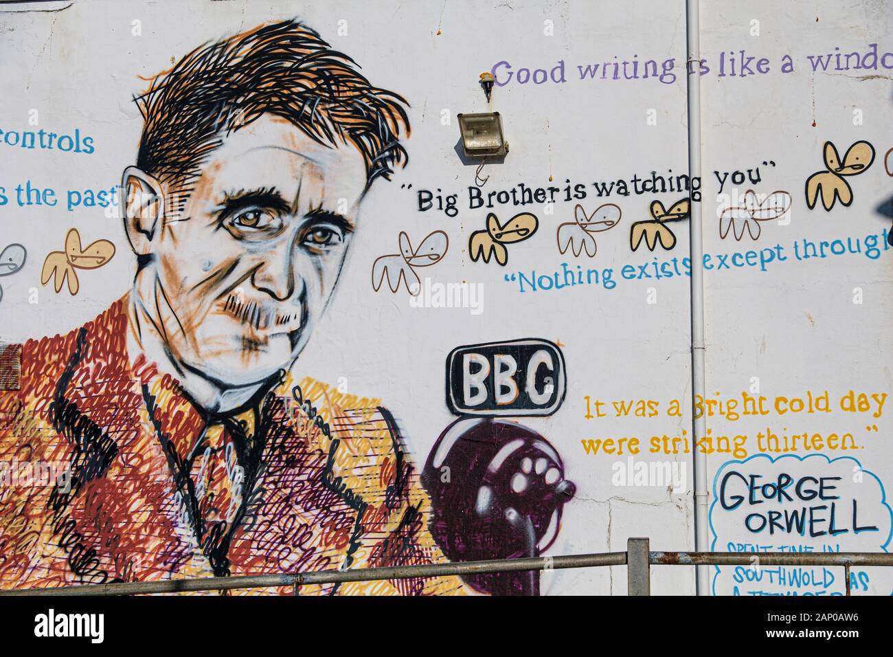 Painting of George Orwell on Southwold Pier. Stock Photo