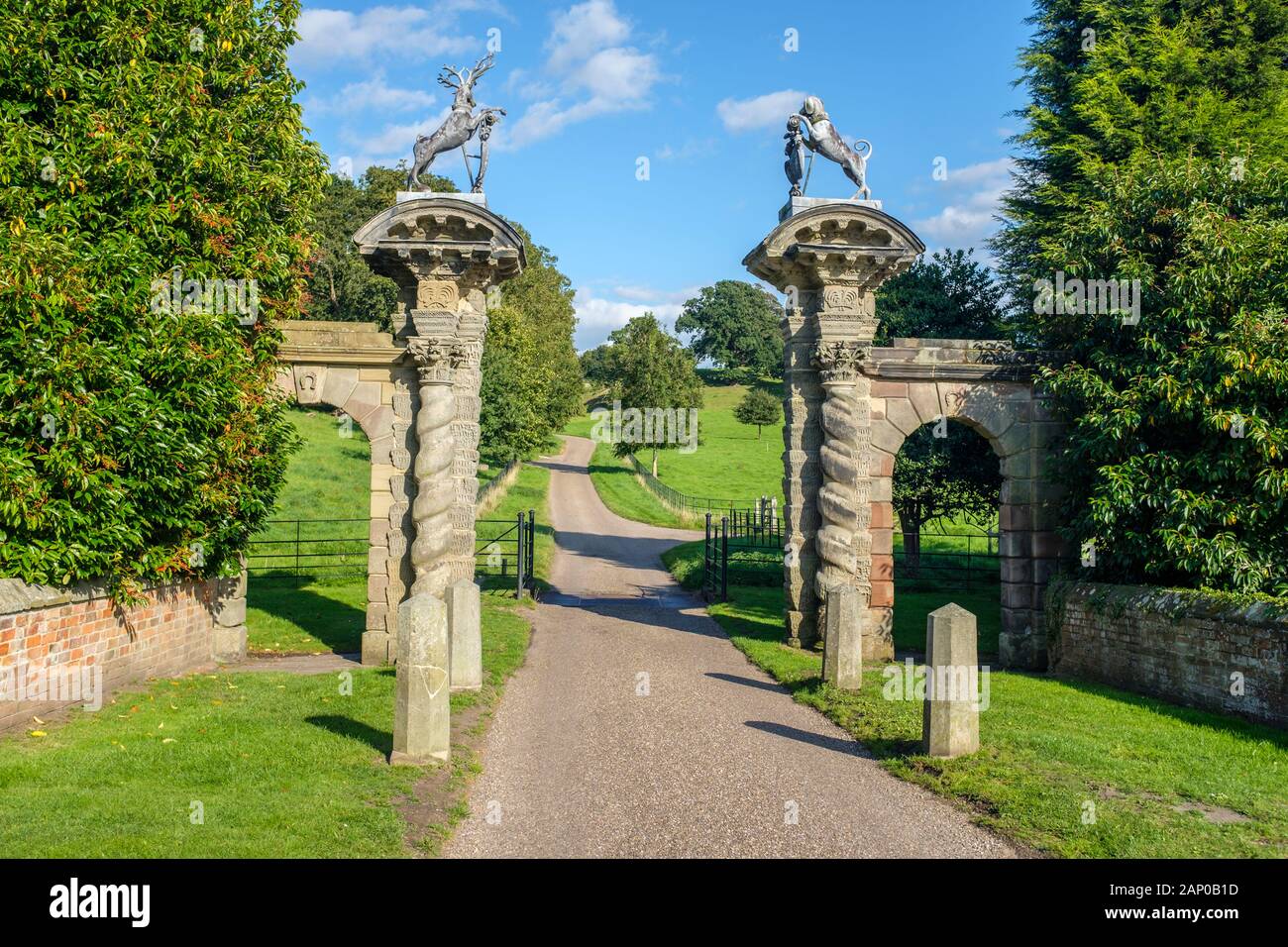 The Grade ll listed gates at the entrance to Staunton Harold estate. Stock Photo