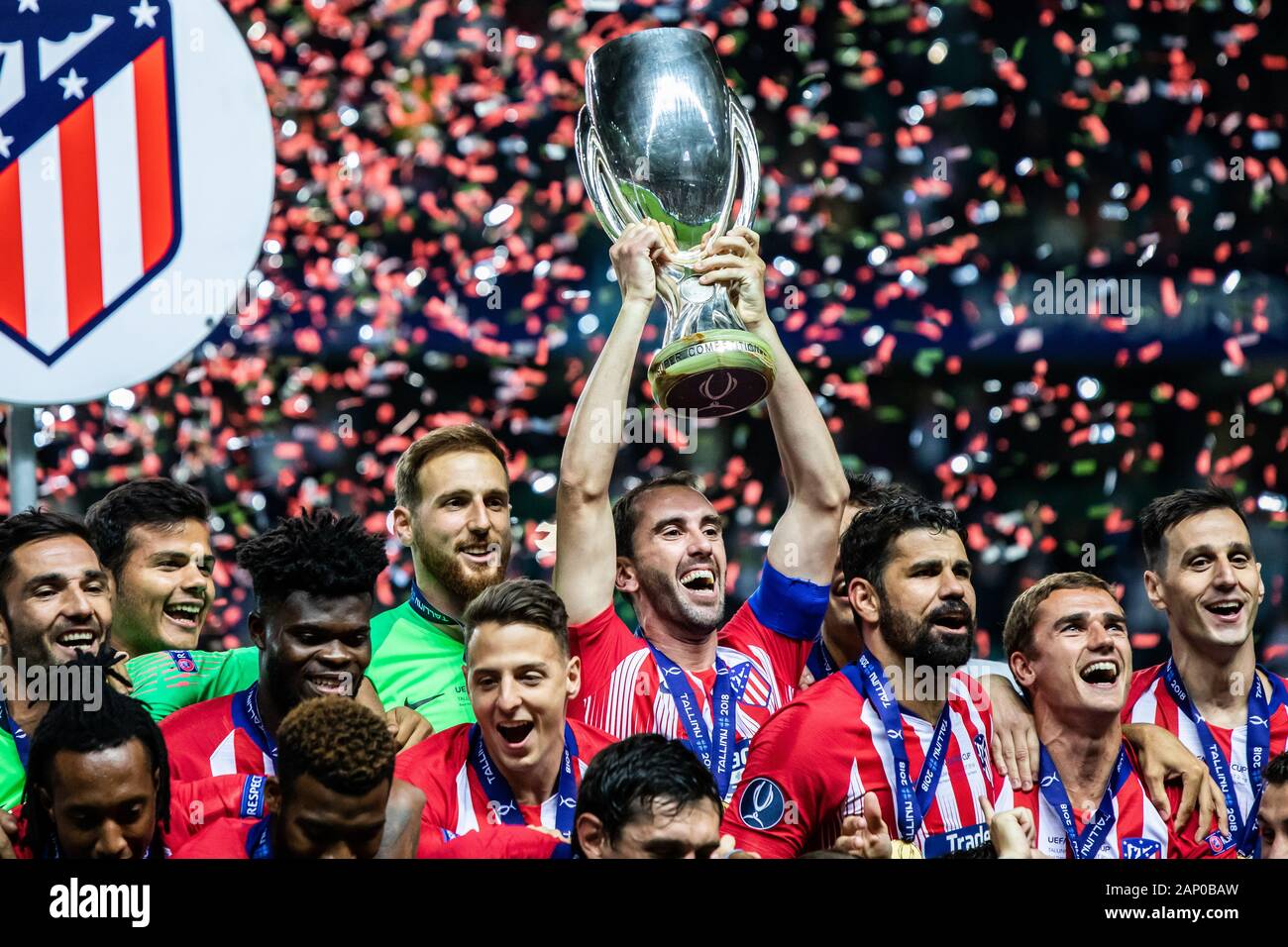 Diego Godin of Atletico Madrid holds a trophy after winning the UEFA Super Cup 2018 between Real Madrid and Atletico Madrid at a le coq arena in Tallinn.(Final score; Real Madrid 2:4 Atletico Madrid) Stock Photo