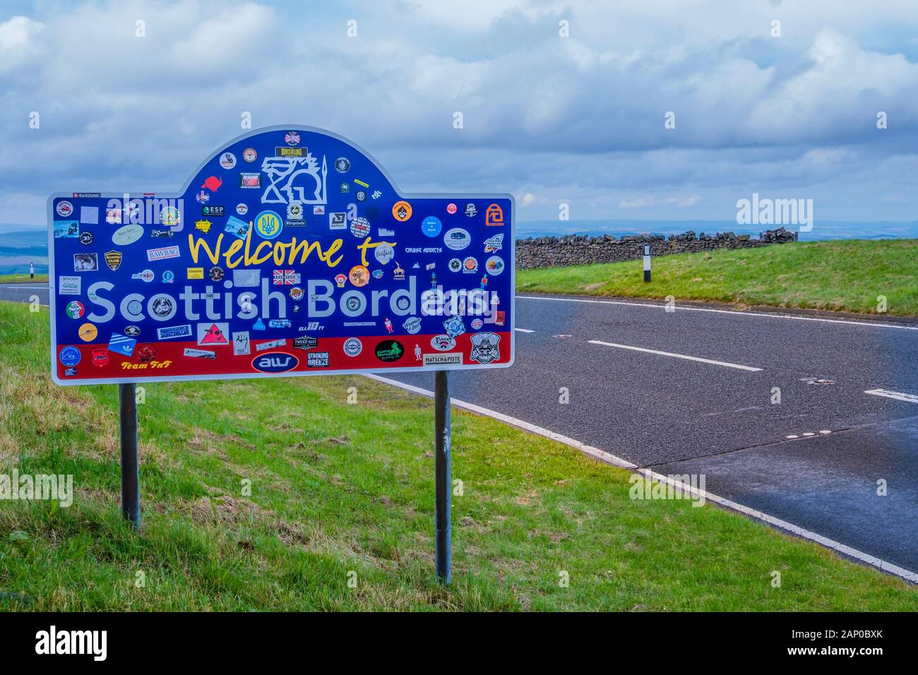 Roadside sign marking the Scottish Border. Stock Photo