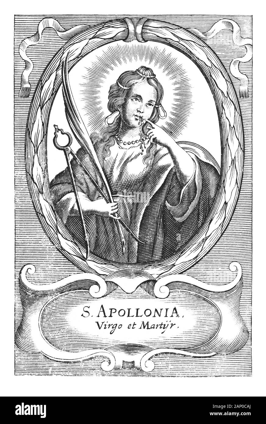 Antique vintage religious allegorical engraving or drawing of Christian holy woman saint Apollonia holding pliers and tooth.Illustration from Book Die Betrubte Und noch Ihrem Beliebten..., Austrian Empire,1716. Artist is unknown. Stock Photo