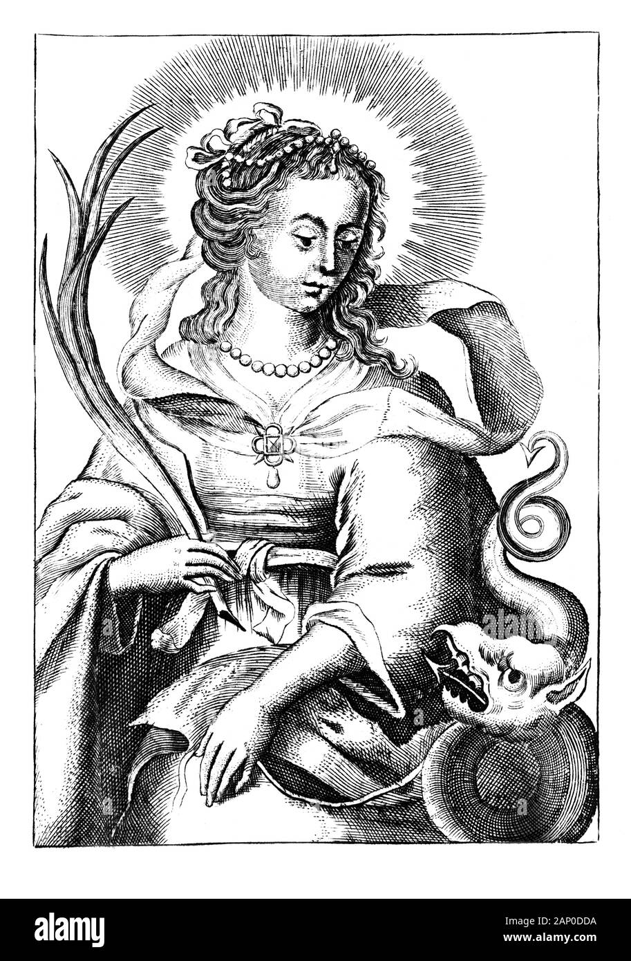 Antique vintage religious allegorical engraving or drawing of Christian holy woman saint Margaret of Antioch or Marina the Great Martyr.Illustration from Book Die Betrubte Und noch Ihrem Beliebten..., Austrian Empire,1716. Artist is unknown. Stock Photo