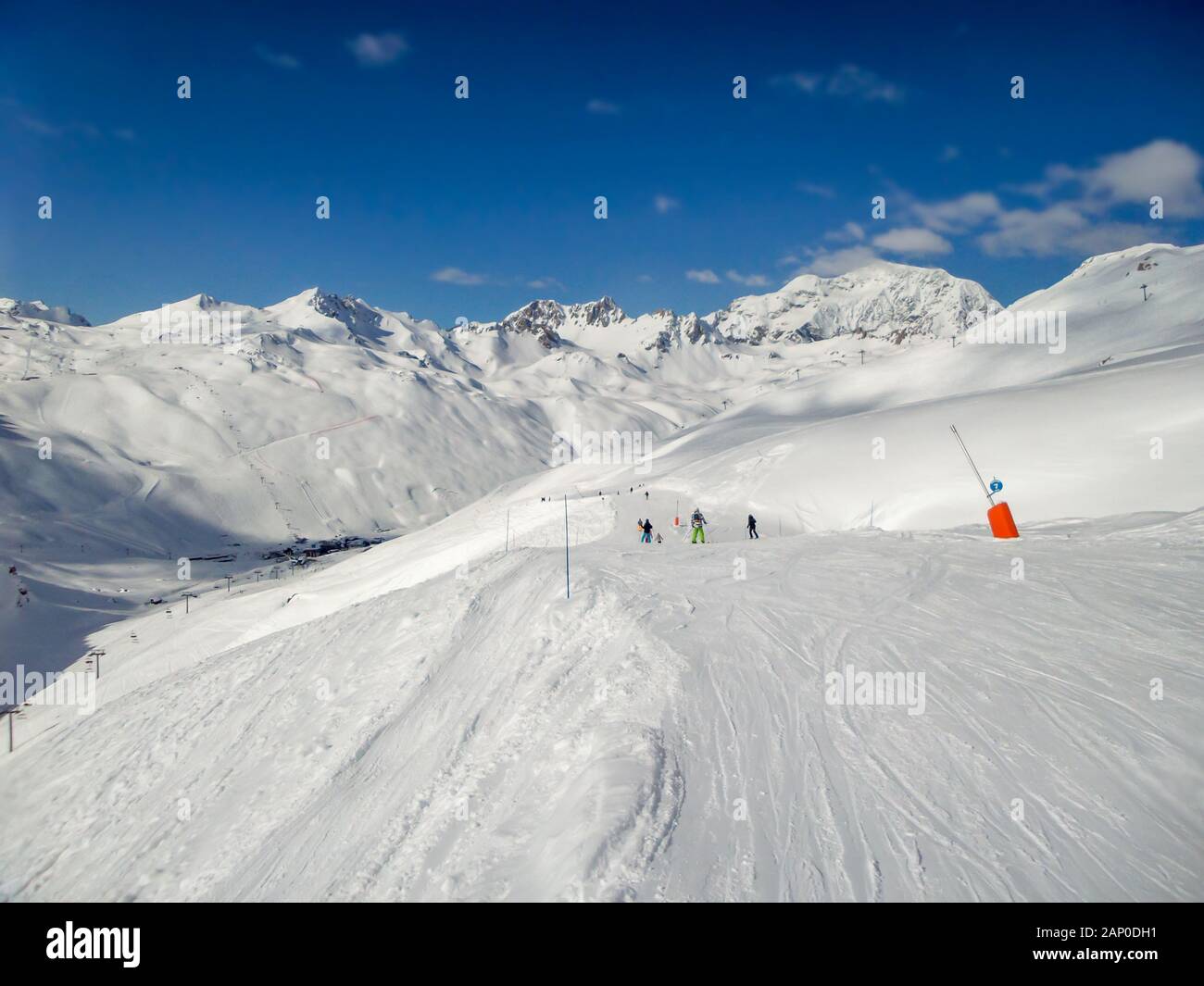 Panorama of ski slopes at Tignes, ski resort in the Alps, France Stock Photo