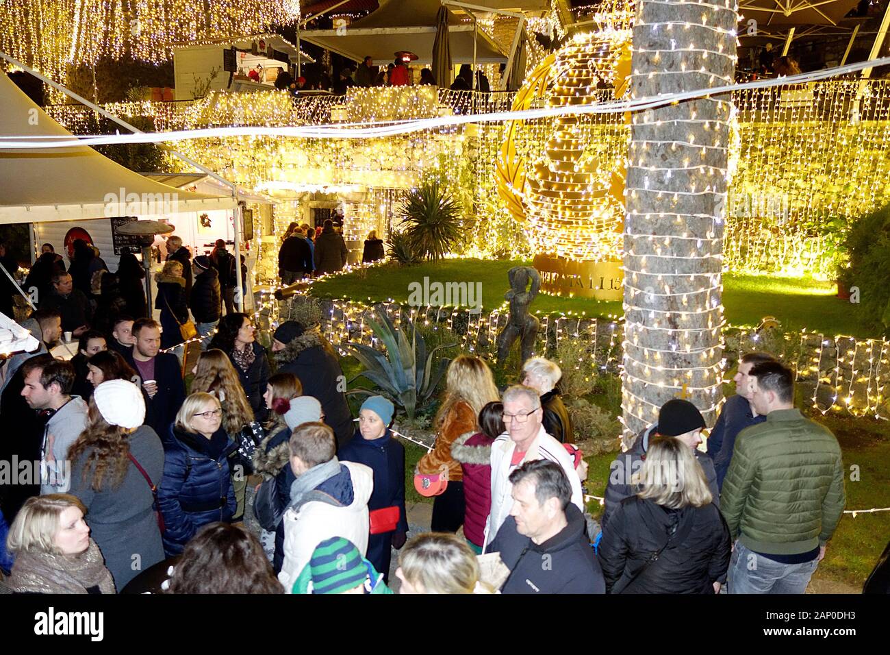Pre-Christmas night festivity at Vintage Caffe, 'Trsatska Gradina' (Trsat Castle), Rijeka, Croatia. Stock Photo