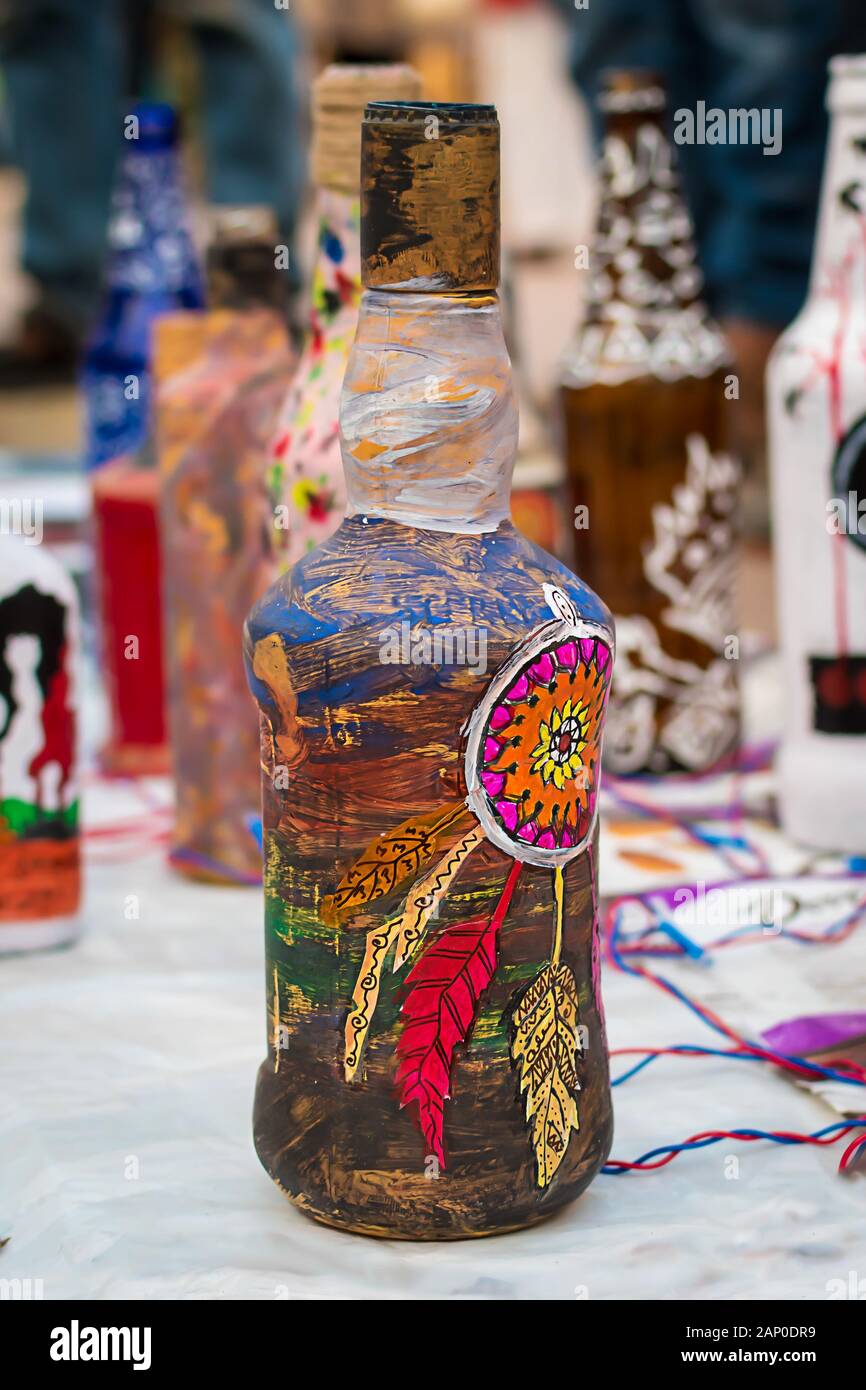 Indian Traditional Handmade bottle craft is displayed in a street ...