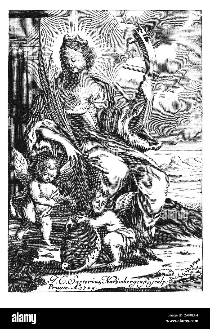 Antique vintage religious allegorical engraving or drawing of Christian holy woman saint Catherine or Katharine of Alexandria with wheel.Illustration from Book Die Betrubte Und noch Ihrem Beliebten..., Austrian Empire,1716. Artist J.C.Sartorius. Stock Photo