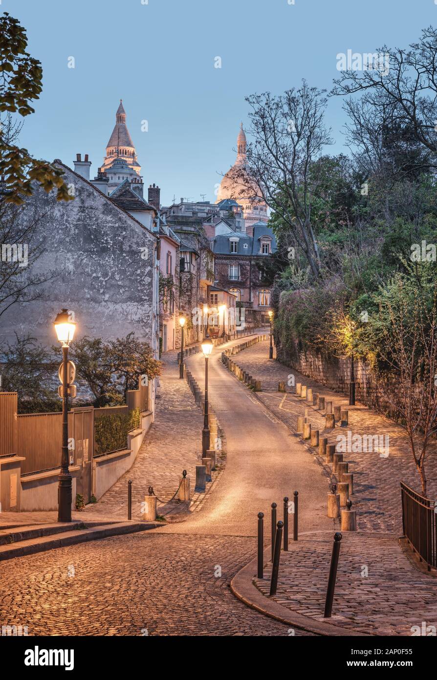 Streets of the Montmartre Quarter in Paris, France with traffic and