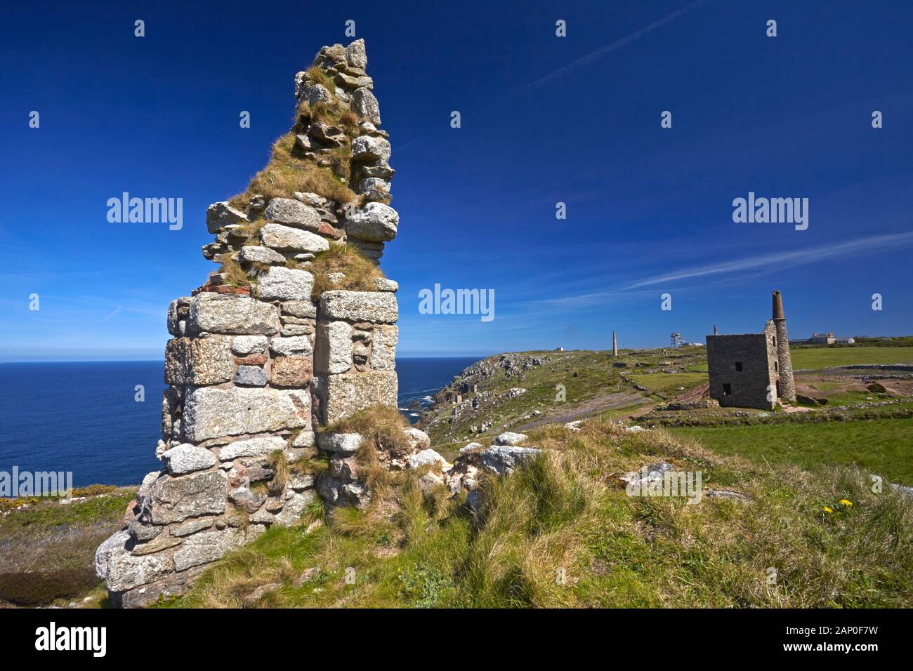Ruins of Cornwall's tin mining heritage near Botallack. Stock Photo