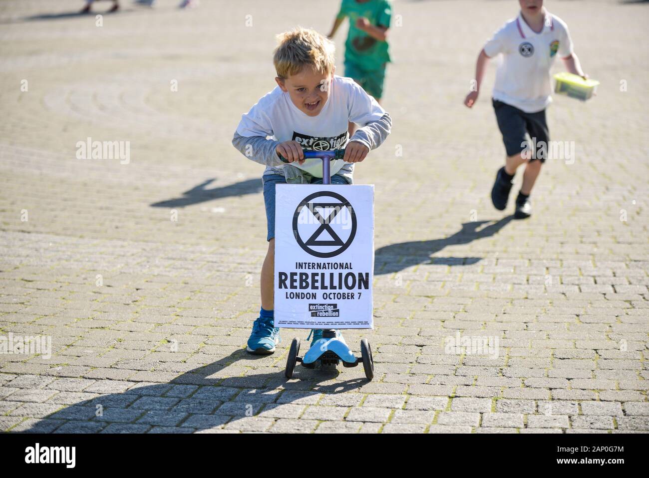 Children participating in the Extinction Rebellion climate strike in Truro City City in Cornwall. Stock Photo