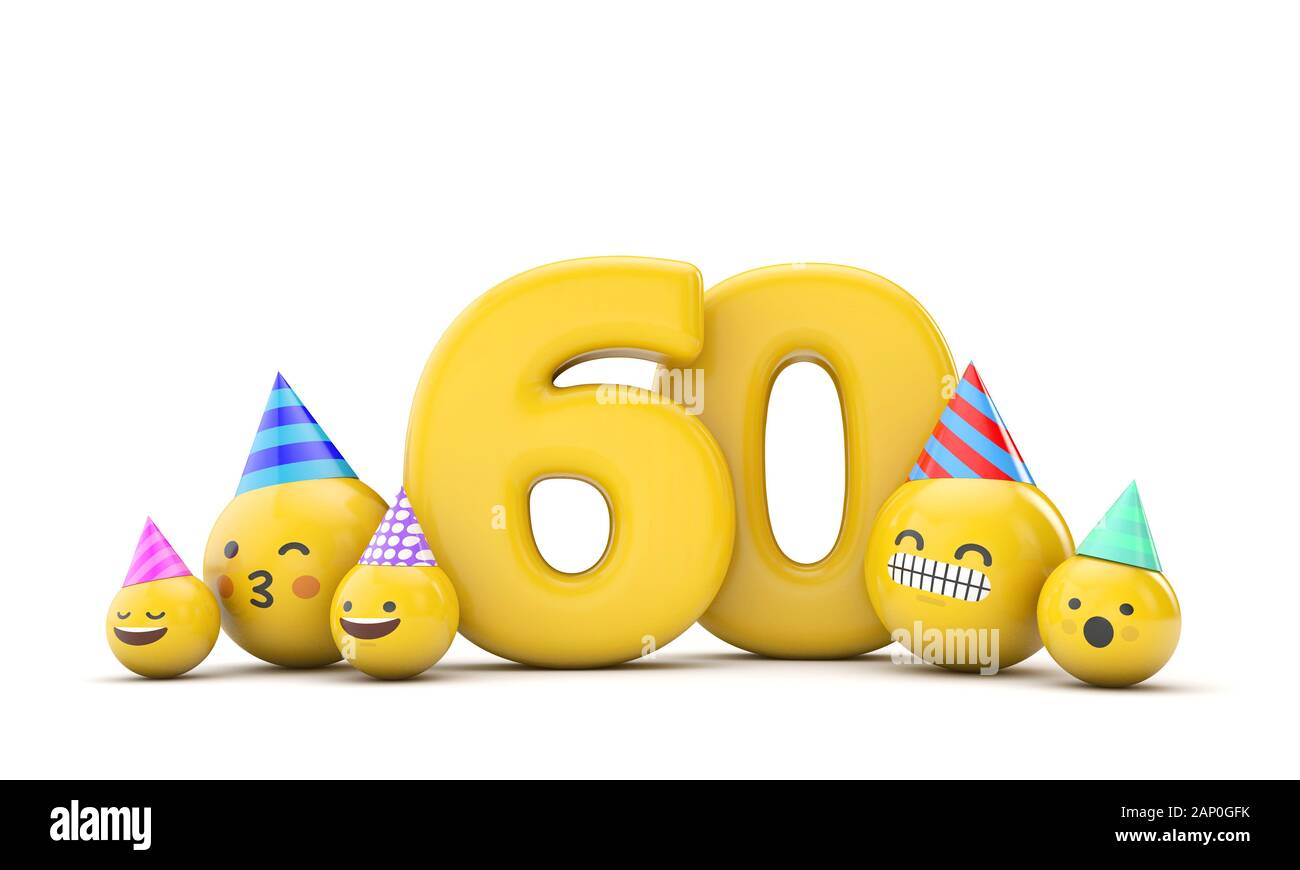 Number 60 emoji birthday party celebration. 3D Render Stock Photo
