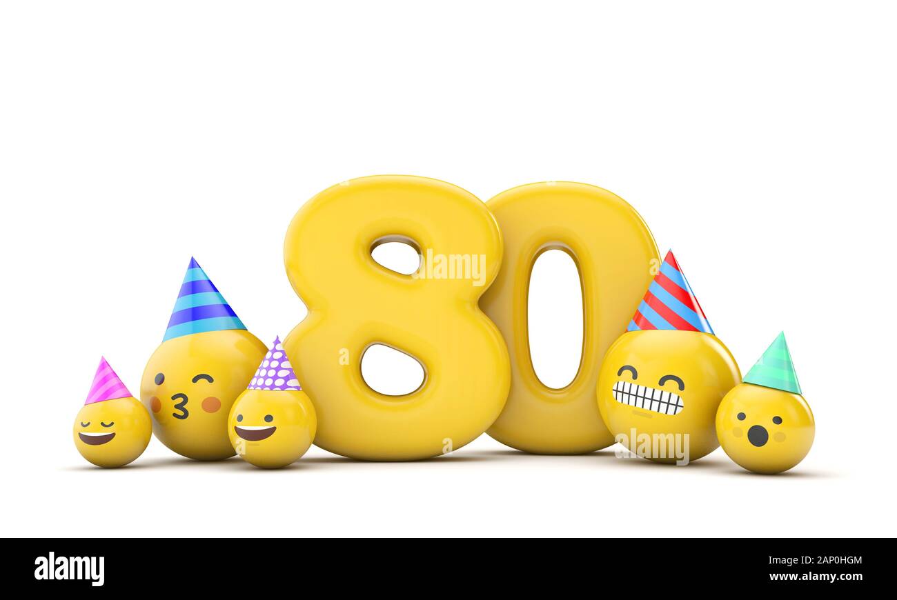 Number 80 emoji birthday party celebration. 3D Render Stock Photo
