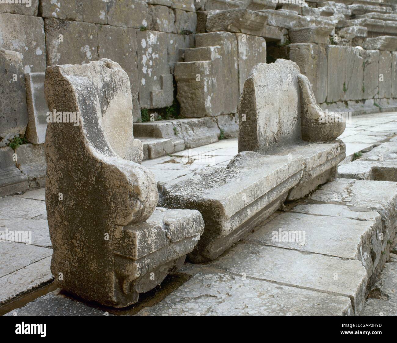 Turkey. Anatolia. Aspendos. Greco-Roman city. Theatre. Roman era. It was built by architect Zenon. 2nd century. Seats carved in marble (proedria) in Ima Cavea, reserved for the upper echelons of society. Stock Photo