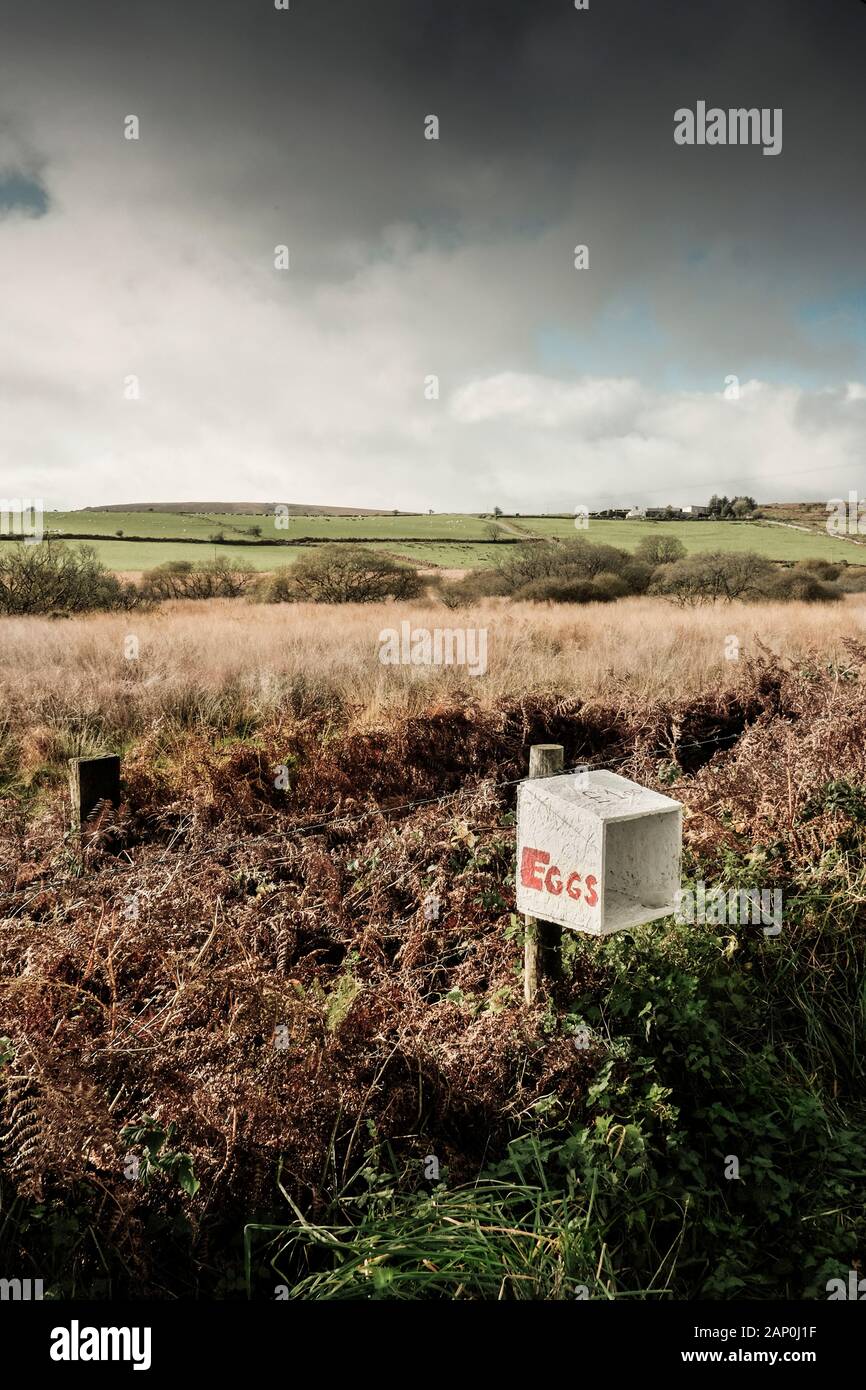 An honesty box on a fence for the sale of eggs on Bodmin Moor in Cornwall. Stock Photo
