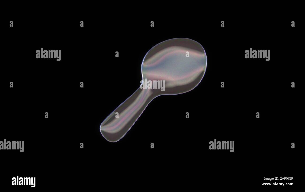 3D rendering of distorted transparent soap bubble in shape of symbol of ...