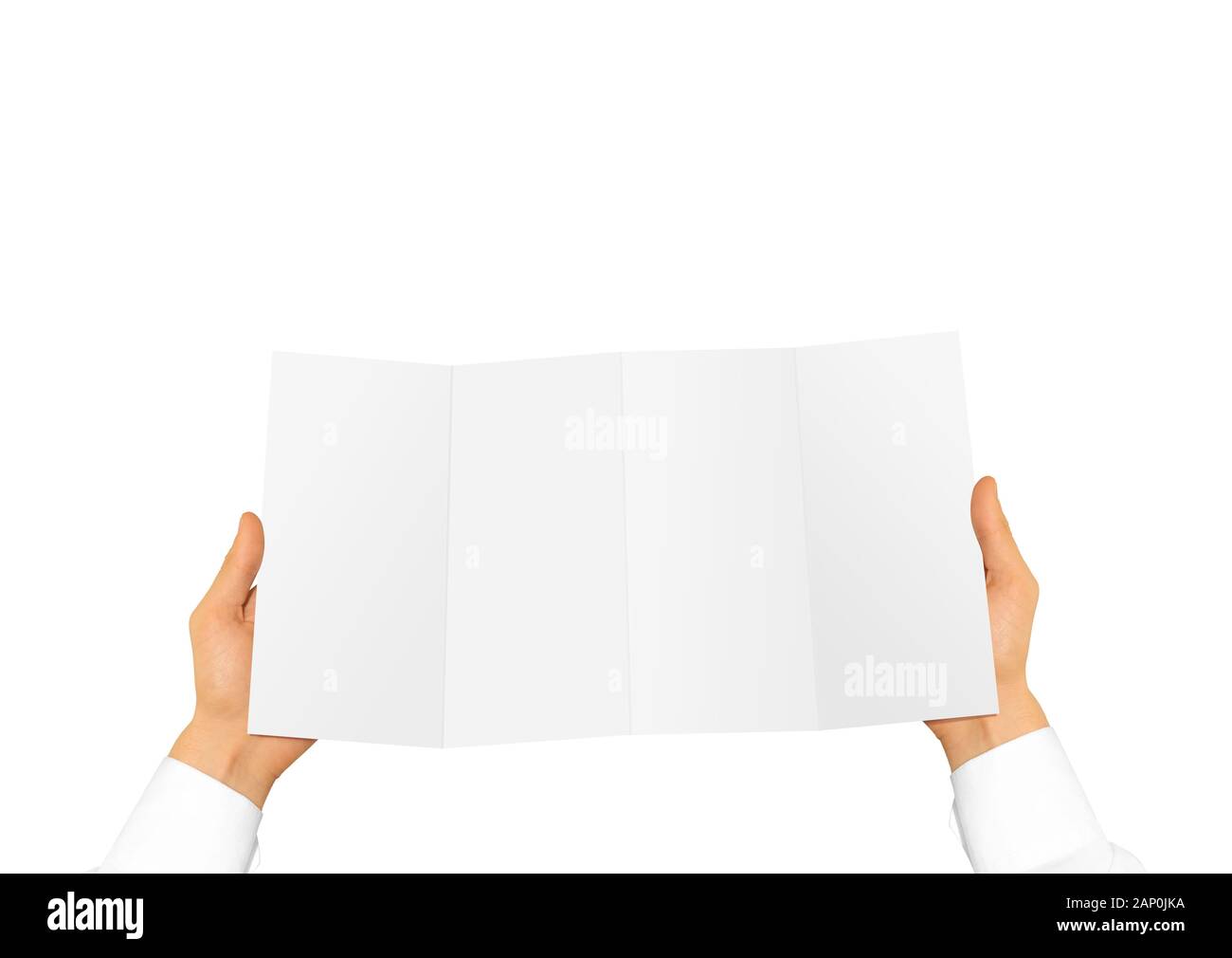 Hand in white shirt holding blank leaflet offset Stock Photo