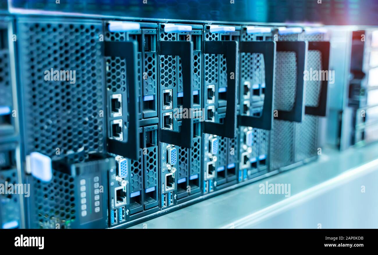 Panel modern servers in the data center vertical Stock Photo
