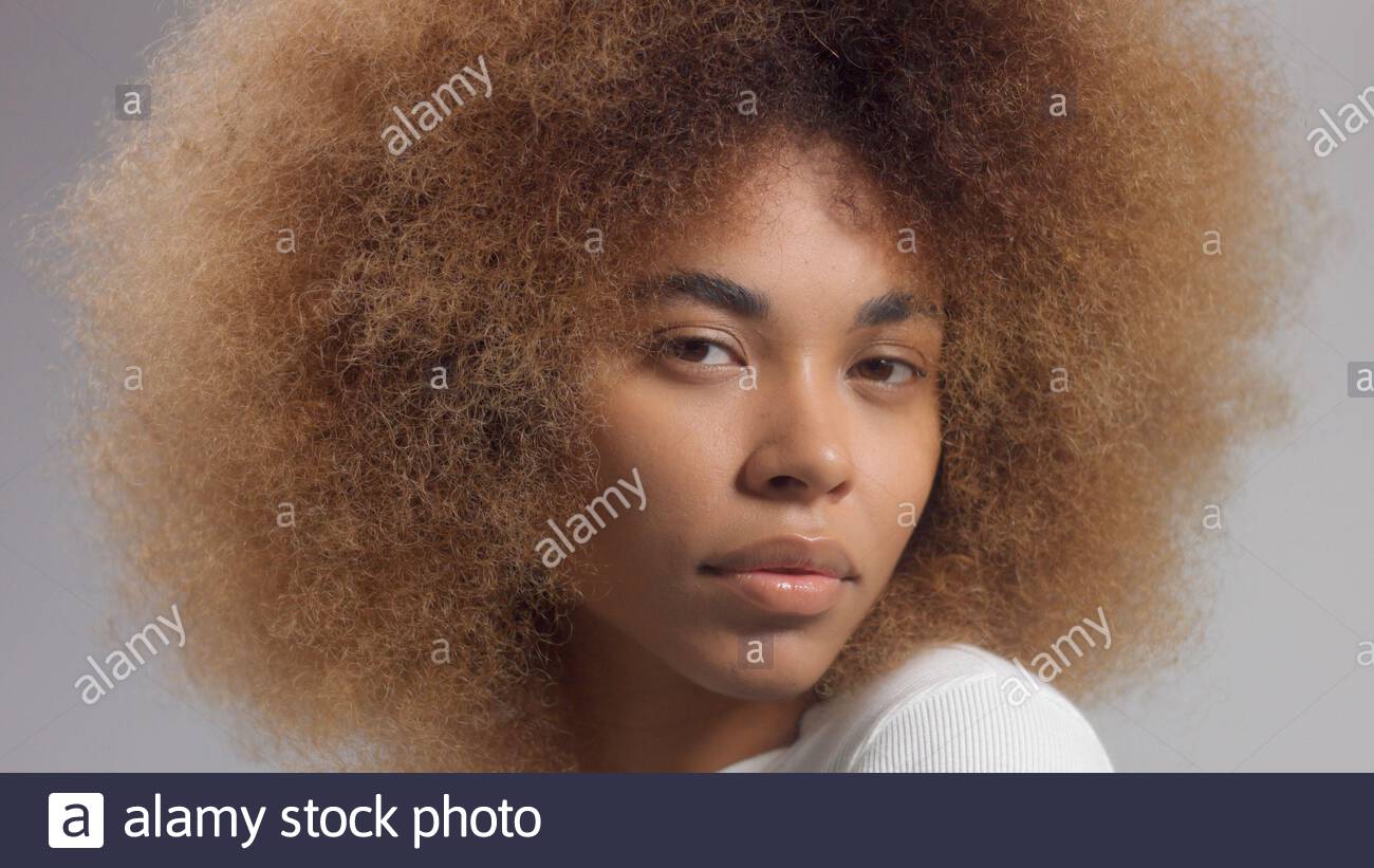 Mixed Race Black Woman With Big Afro Hair In Studio Closeup