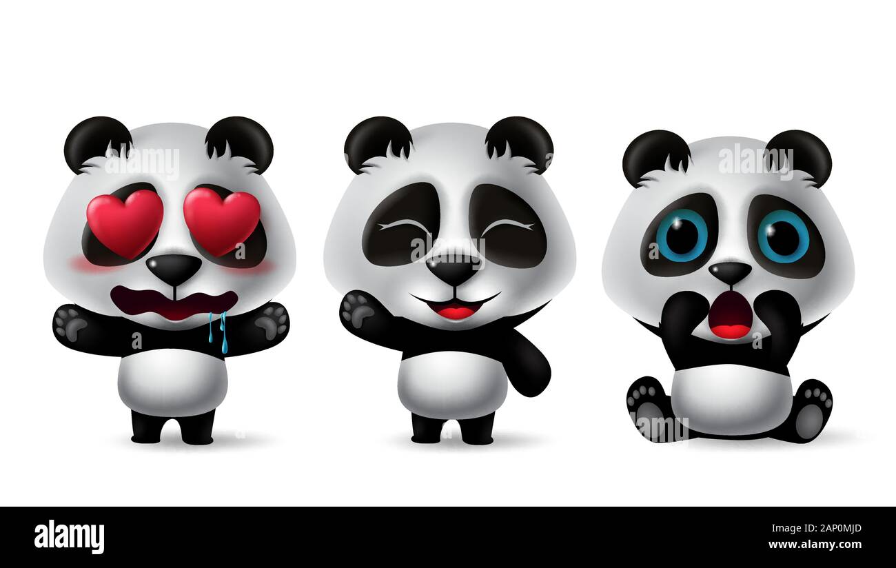 Panda bear character vector set. Pandas animal character in crying, happy, surprise, standing, sitting and in love facial expressions isolated. Stock Vector