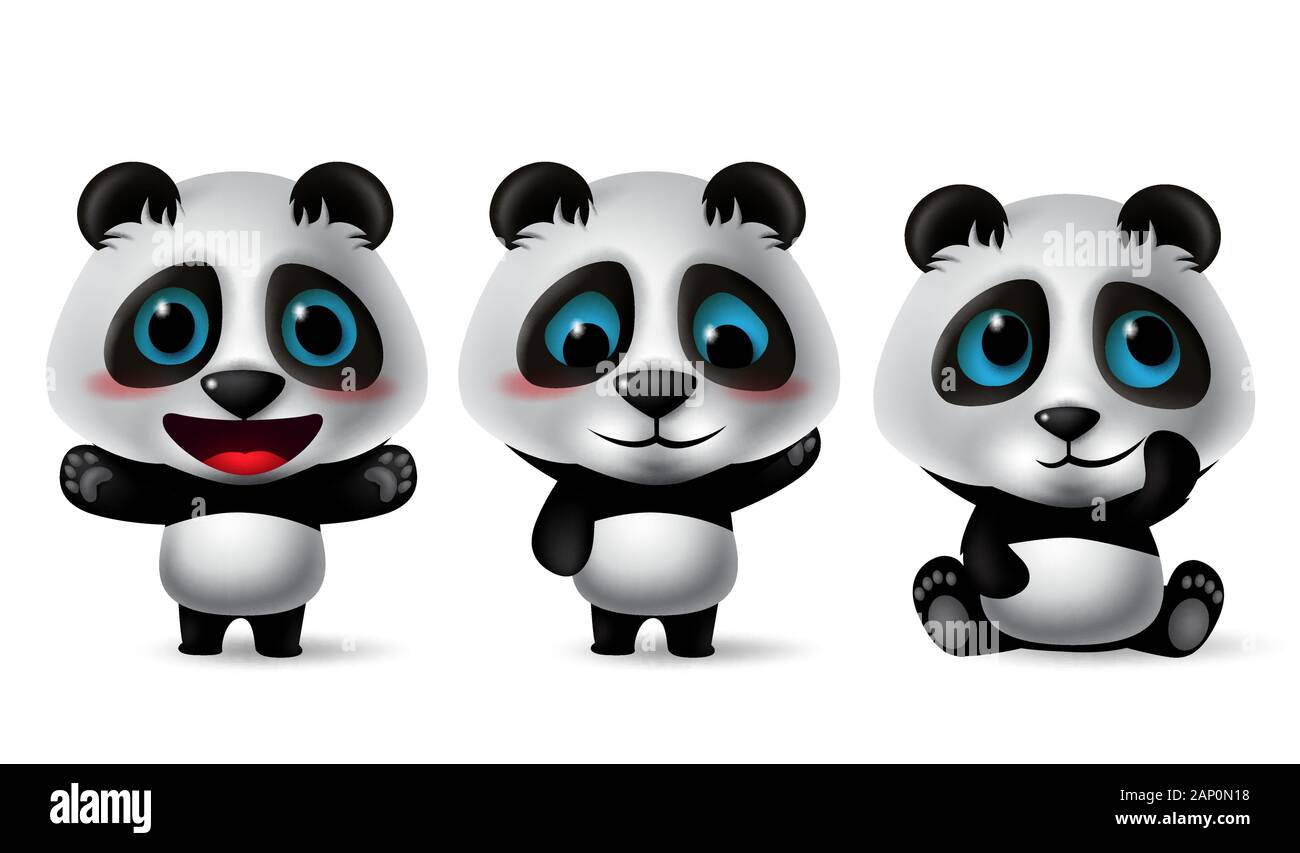 Pandas character vector set. Panda characters 3d avatar in different pose and expressions in hungry, sad, angry, lying, excited and standing isolated . Stock Vector