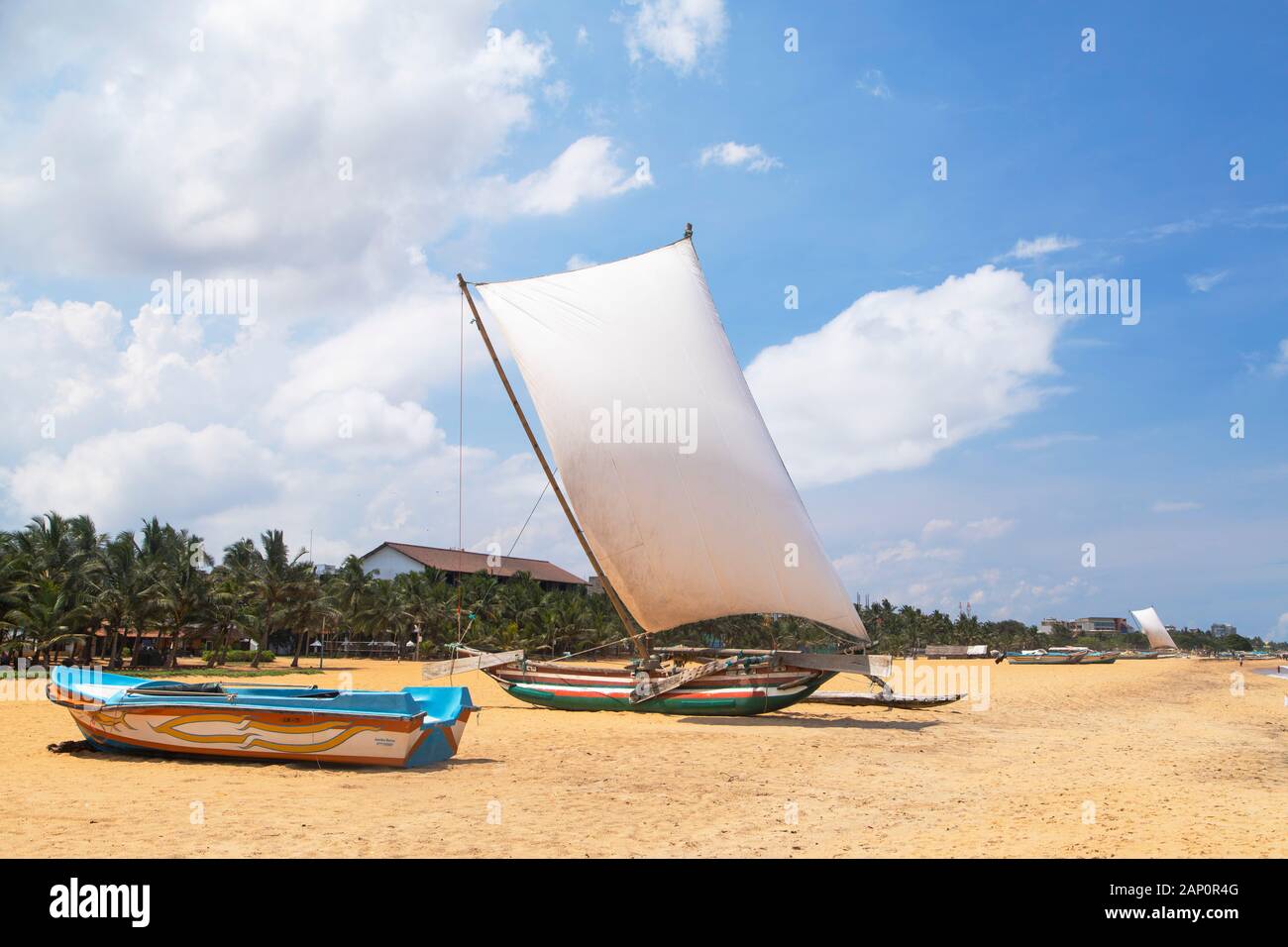 Oruwa (outrigger canoe) on Negombo beach, Western Province, Sri Lanka Stock Photo