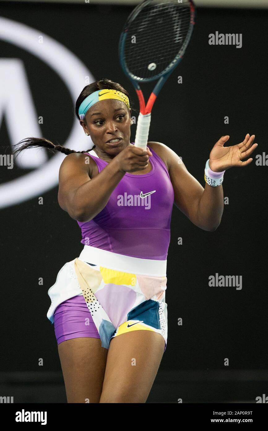 Melbourne, Australia. 20th Jan, 2020. Sloane Stephens of USA plays a  forehand against Shuai Zhang of China during the first round match at the  ATP Australian Open 2020 at Melbourne Park, Melbourne,