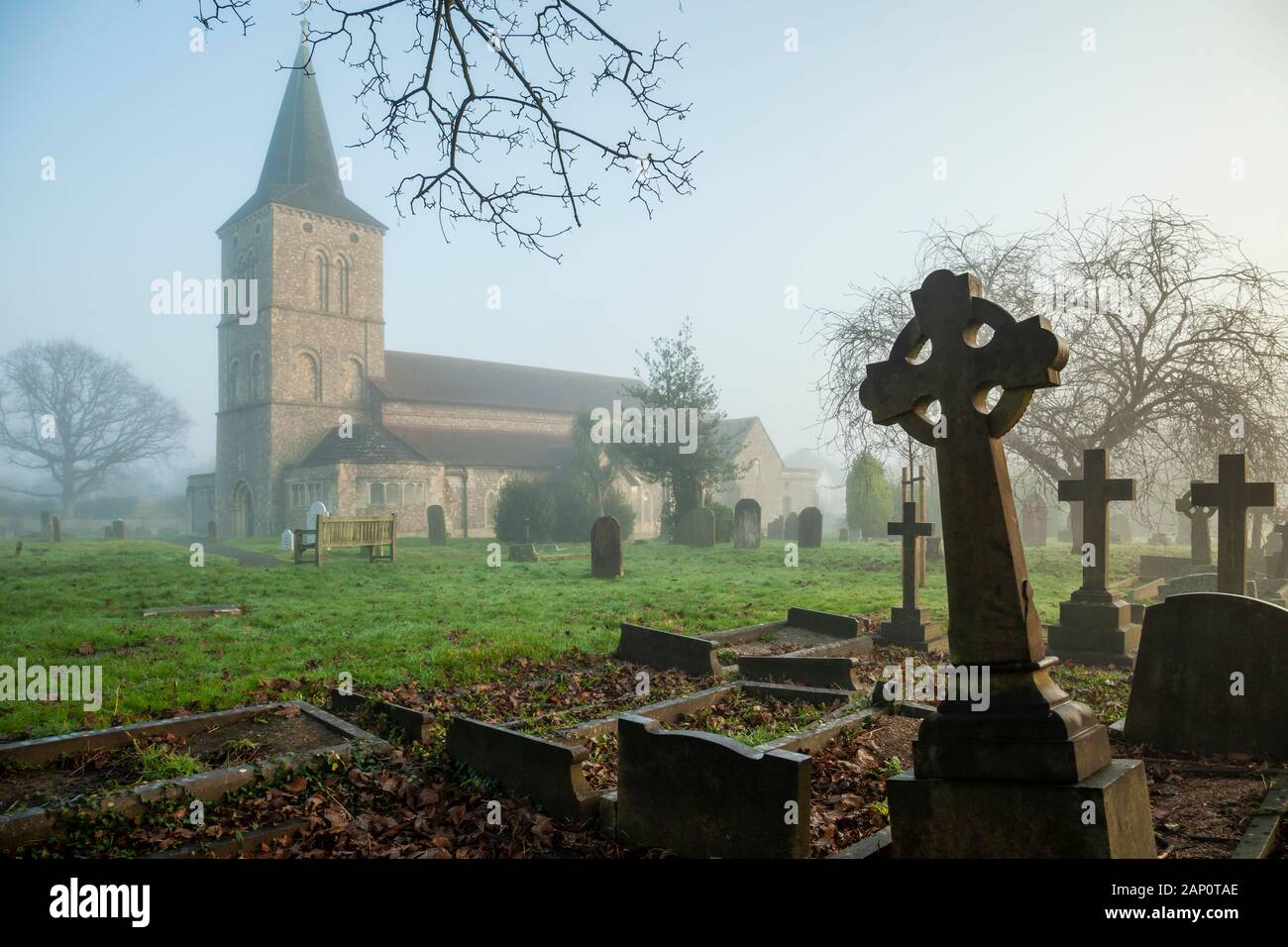 Foggy winter morning at St Michael's church in Southwick, West Sussex. Stock Photo