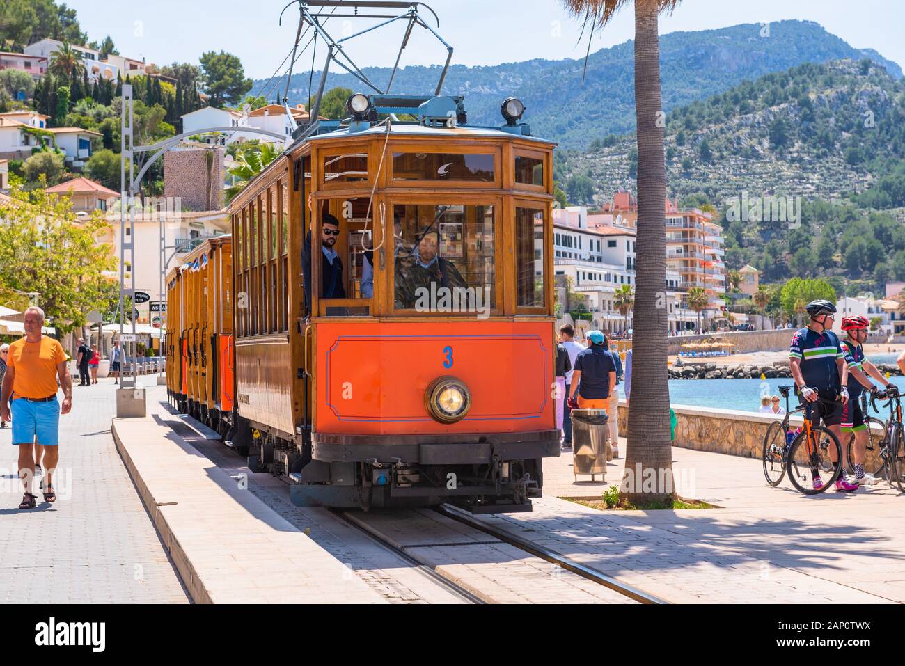 MALLORCA, SPAIN - May 7, 2019: Electric tram running at the Port of Soller. Stock Photo