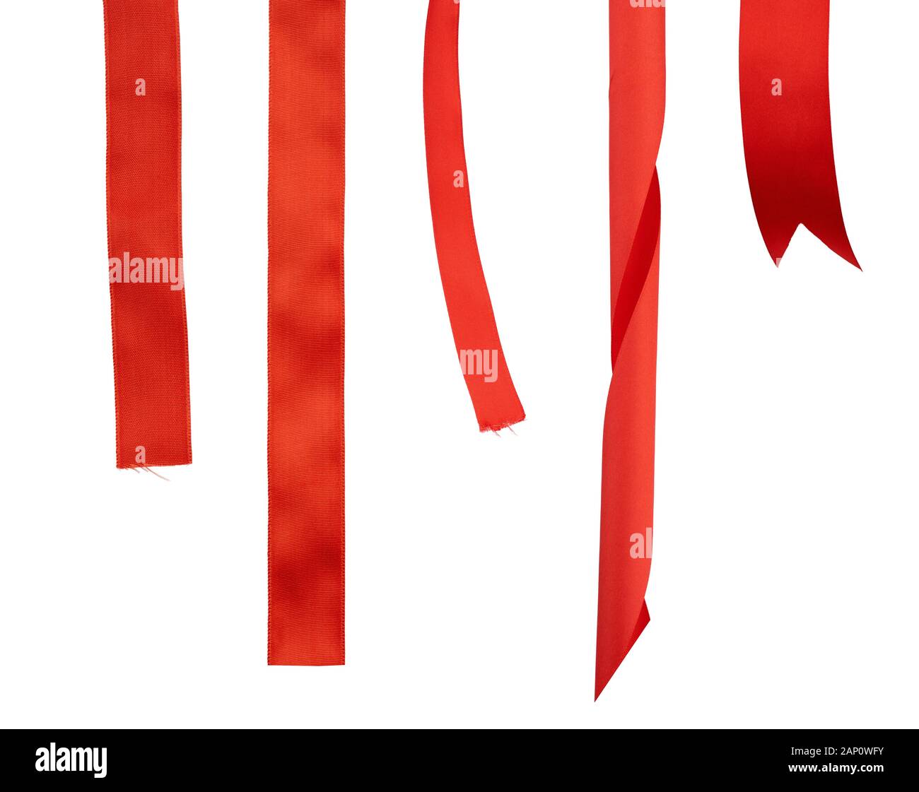different ends of red silk ribbon isolated on white background, close ...