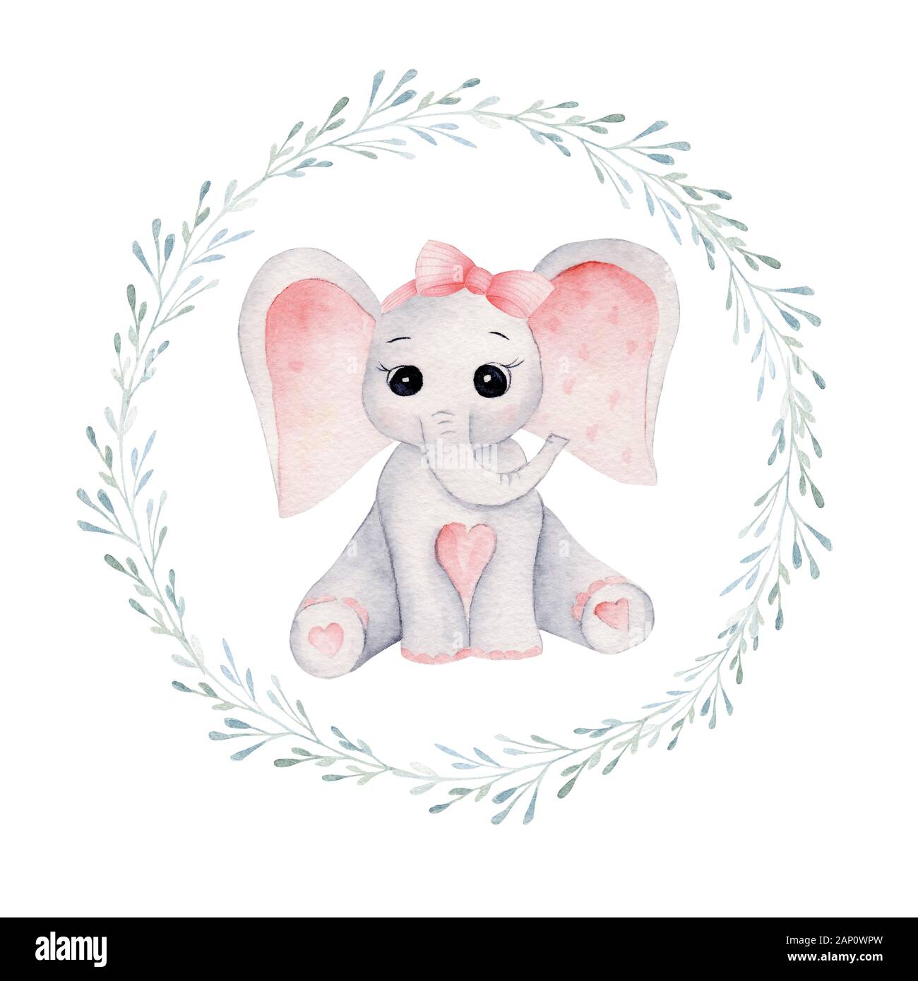 Elephant calf in floral frame hand drawn raster illustration. Animal girl and plant twigs with leaves isolated watercolor composition. Baby elephant i Stock Photo