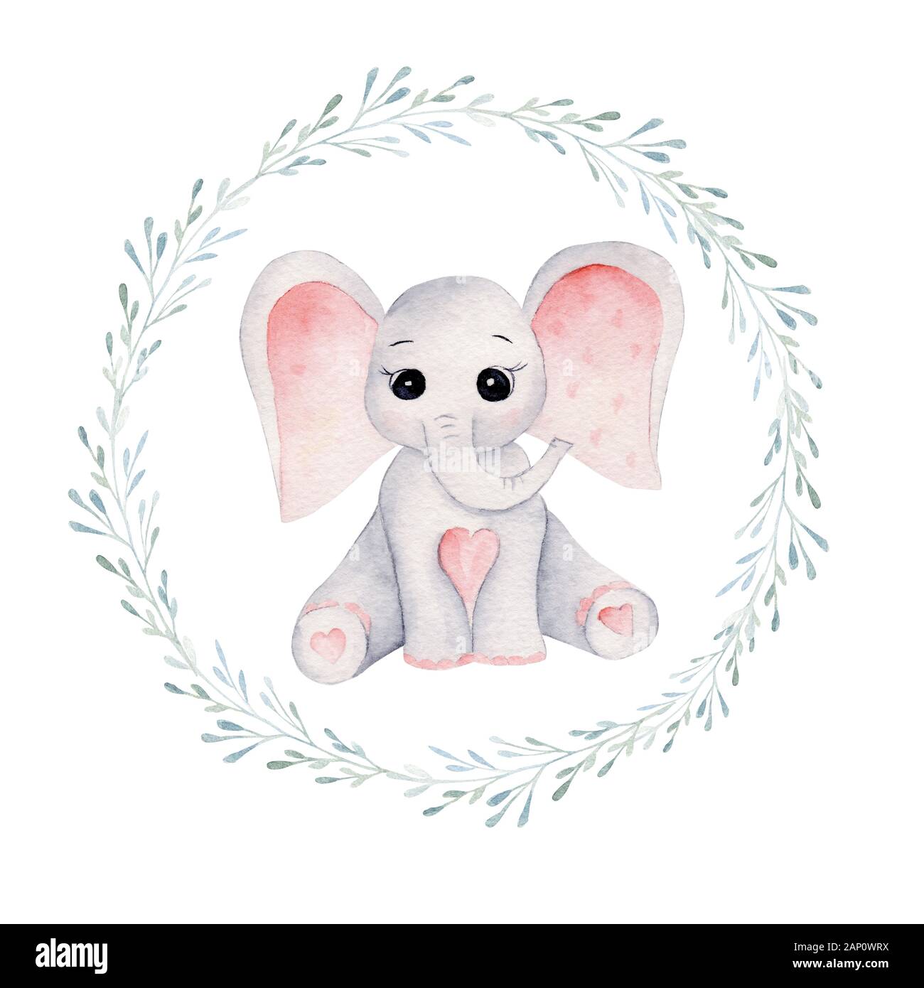 Baby elephant in floral frame hand drawn raster illustration. Animal girl and plant branches with leaves isolated watercolor composition. Elephant cal Stock Photo
