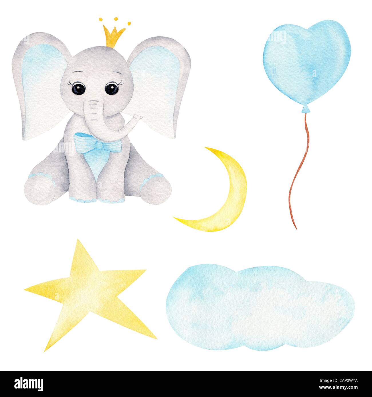 Prince baby elephant hand drawn raster illustration. Animal boy, balloon and celestial bodies watercolor set. Cute aquarelle elephant calf with crown Stock Photo